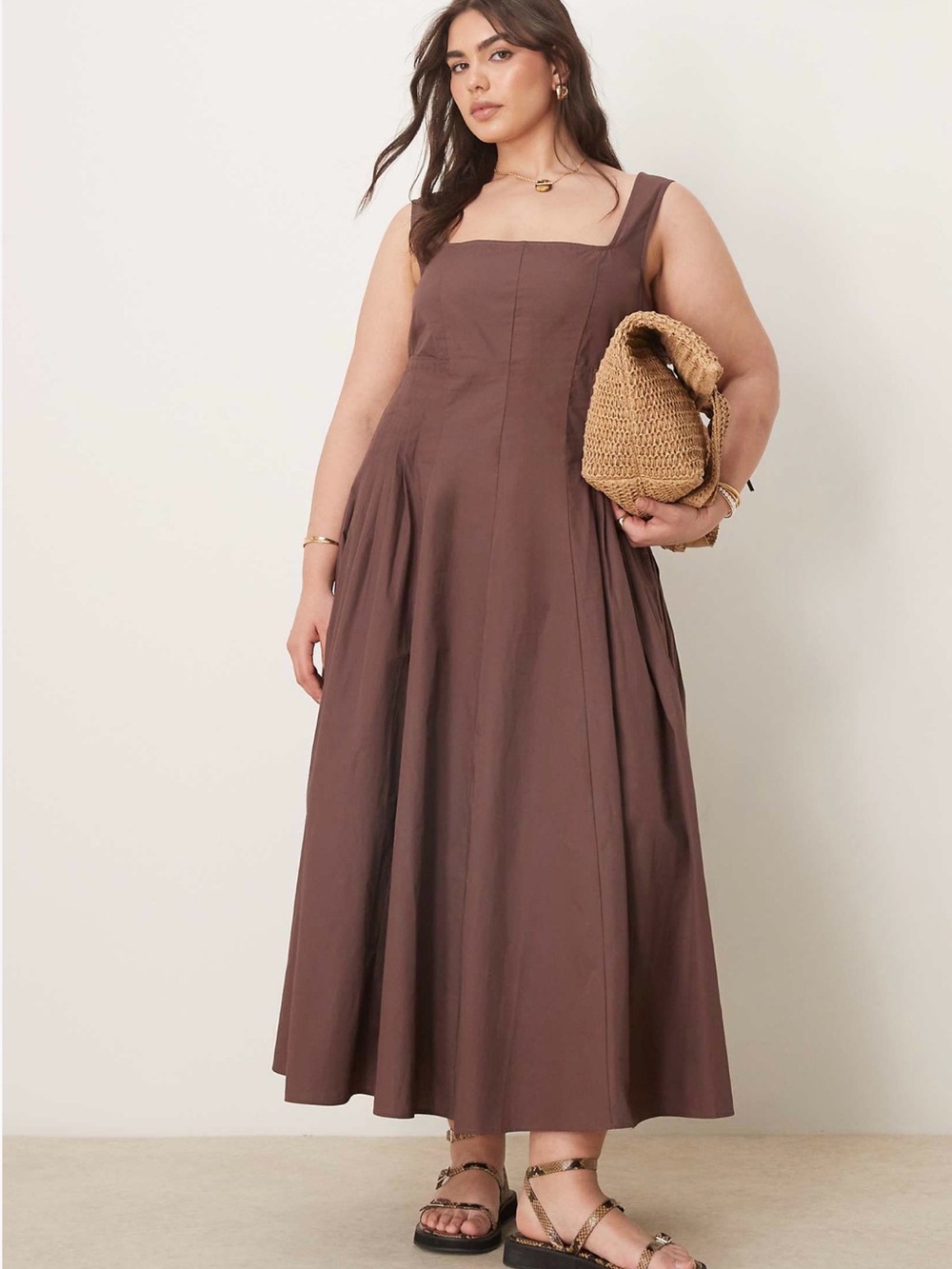ASOS Curve square neck pleated waist midi sundress in chocolate